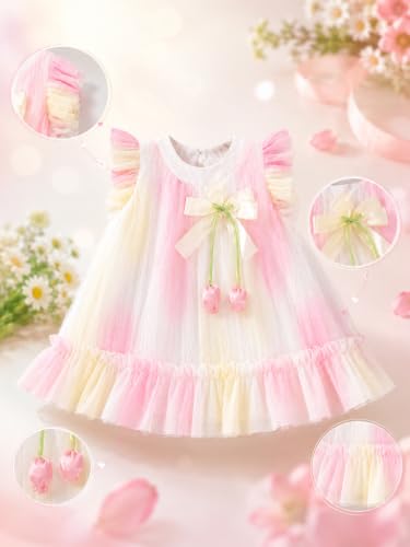 Image of Bold N Elegant Baby Girls Mesh Party Dress with Bow & Tulip Tassels | Soft layered mesh & tulle fabric for an elegant princess look | Ideal for birthdays, weddings, parties & festive occasions