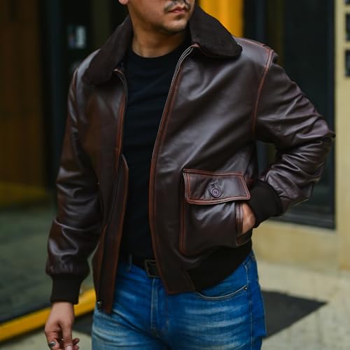Image of Jild Navy G-1 Real Leather Bomber Jacket Men with Removable Fur Collar - Vintage Flight Aviator Leather Jacket Men