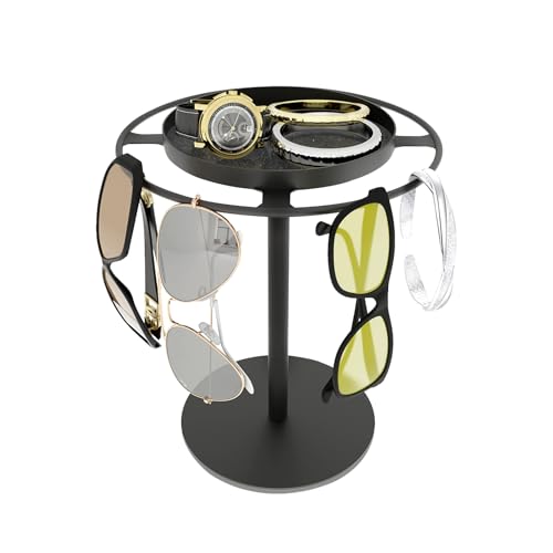 LSK Metal Sunglasses Organizer, Glasses Holder Stand with Storgae Tray, Eyeglasses Holder with Anti-Slip Pads for Tabletop, Desk, Dresser, Matte Black
