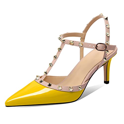 Image of XINIUNIU Studded Heels for Women Kitten Heels with Studs Stiletto Sandals with Rivet Ankle Strap Patent Leather Pointy Toe 2.5 Inch Party Daily Wear Evening Sandals