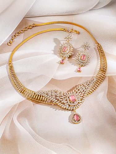 Image of Rubans 22K Gold-Plated Aqua Green /Pink Stone & Cubic Zirconia Studded Jewellery Set for Women - for Weddings & Special Occasions