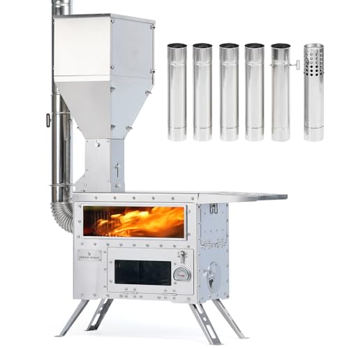 GREEN STOVE Pellet Stove with Oven, Portable Wood Burning Stove for Outdoor, Cooking, Hiking,Hot Tent Stove with Stainless Steel Construction. Chimney Pipes Included(Model: Greenstovehori 5)
