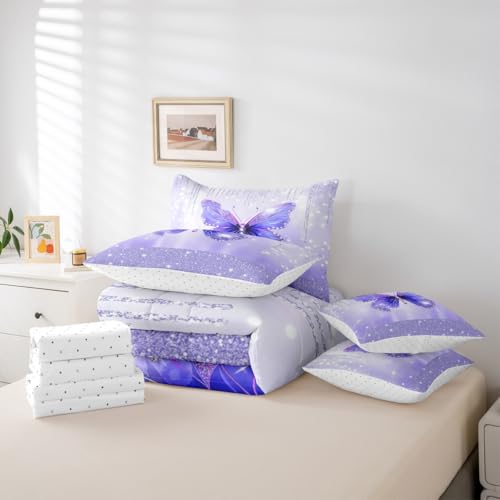 Image of Feelyou Butterfly Comforter Set with Sheets 7 Piece Twin Size Dreamy Princess Bedding Set for Kids Boys Girls Glitter Bed in a Bag Watercolor Butterflies Room Decor Soft Lightweight Microfiber