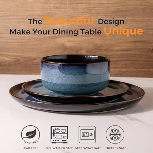 Image of LERATIO Ceramic Dinnerware Sets for 12, 36 Pieces Plates and Bowls Sets, Reactive Glaze Dishes -Scratch Resistant, Dishwasher&Microwave Safe&Oven Safe-Blue