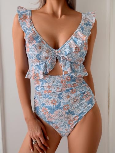 Image of Eomenie One Piece Swimsuit for Women Tummy Control Ruffle Bathing Suit V Neck Ruched Swim Suit Slimming Cutout Swimwear