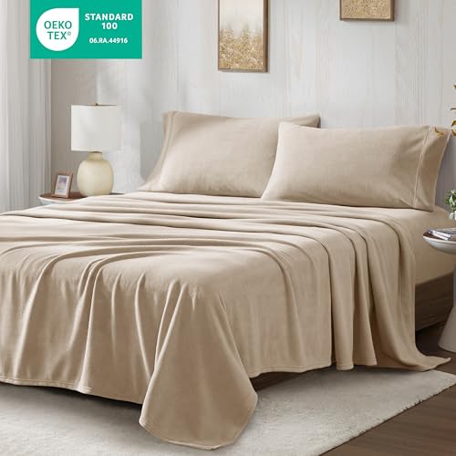 Image of True North by Sleep Philosophy Micro Fleece Bed Sheet Set, Warm, Sheets with 14 inch Deep Pocket, for Cold Season Cozy Sheet-Set, Matching Pillow Case, Queen, Khaki, 4 Piece