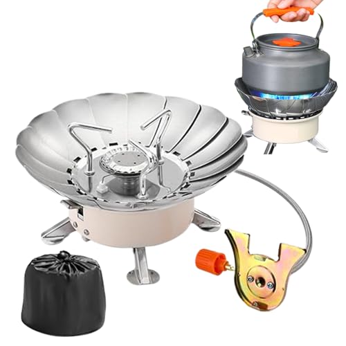 Estufa De Camping Compacta | Quemador De Camping Plegable | Quemador Acero Inoxidable Con Protector Antiviento Regulable Y Encendido Piezoeléctrico Para Picnics Y Jardín