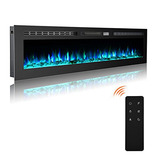 Cozy Daisy Electric Fireplace Heater, Wall Mounted and in-Wall Recessed, Touch Screen, Realistic 12 Color Flame, Remote Controller/Log & Crystal Hearth Options, 750W-1500W,Black (70 inch)