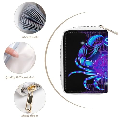Women Leather Coin wallet, Key Change Organizer Zipper Card Holder Purse Clutch Pouch Pocket 4.5x3.15 in Print Bright Blue Neon Signs of the Zodiac Cancer on Dark4