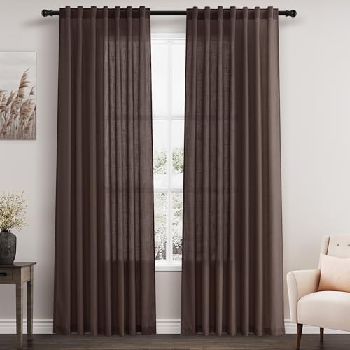 Image of Coffee Linen Blend Drapes 84 Inch Length 2 Panels Set Back Tab Rod Pocket Light Filtering Privacy Semi Sheer Textured Curtains Neutral Farmhouse Decor Curtains for Living Room Bedroom 52x84