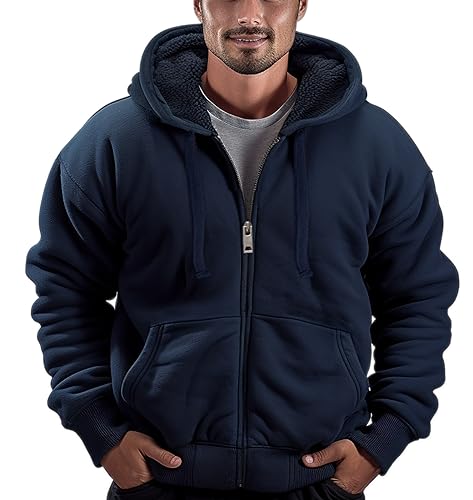Butygity Sweat à Capuche doublé Sherpa pour Homme avec Fermeture éclair intégrale, Veste Polaire épaisse pour l'hiver, Bleu Marine, X-Large