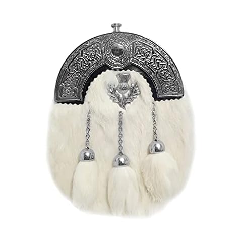 100% Leather White Rabbit Fur 3 Tassels Scottish Brass Cantle Sporran with Belt Cover