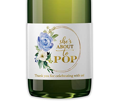 Itâ€™s a Boy Mini Champagne Bottle Labels â— SET of 12 â— Sheâ€™s Ready To POP Baby Shower Favor Label, About to POP Thank You Favors, Blue Boy Baby Shower Gender Reveal Waterproof (Floral)