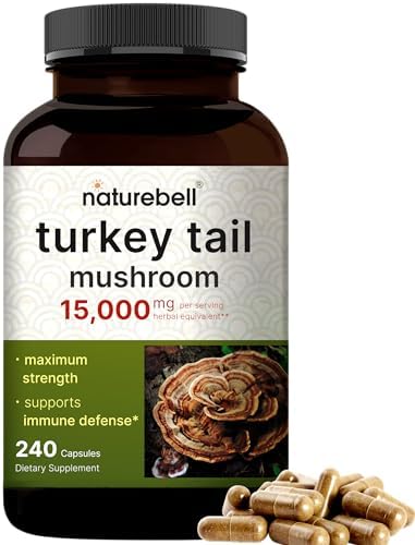 NatureBell Turkey Tail Mushroom Capsules 15,000mg Per Serving, 240 Count | 25:1 Fruiting Body & Mycelium Extract – Immune & Brain Health Mushroom Supplement