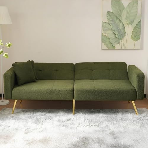 Merax Sofa Bed 2 Seater, 3-Gear Back Angle Adjustable Foldable Futon Sofa Couch, Convertible Sofabed Settee with 2 Bolster Pillows, Side Pockets, for Living Room/Guest Room, Green/Sherpa