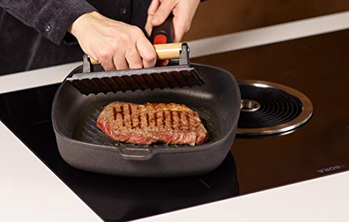ECHTWERK Robuste Gusseisen Fleischpresse mit Buchenholz-Griff – Professionelle Steak- & Burger Grillpresse für gleichmäßiges Braten, 20x10x7cm, 1kg, Schwarz