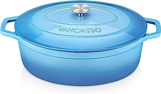 vancasso Cast Iron Pot, 3 Liters Round Shallow Casserole Dish with Lid, Natural Non-Stick Slow Cook Enameled Cast Iron Dutch Oven, Blue Exterior with Cream Interior, 28cm