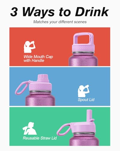 Image of Coolflask 40 oz Water Bottle Insulated with Straw & 3 Leakproof Lids