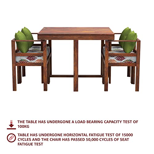 Image of Sheesham Wood 4 Seater Dining Table Set for Home Hall || Solid Wood Dining Table with 4 Chairs for Hotels | Dining Room Sets - Teak Finish (Small Pillows Not Included)