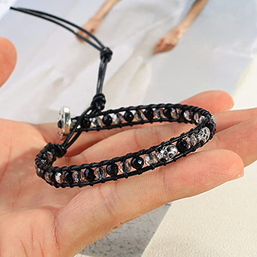 Image of KELITCH 925 Silver Skull Bracelets Wrap Bracelets Women Crystal Beaded Bracelets on Natural Leather