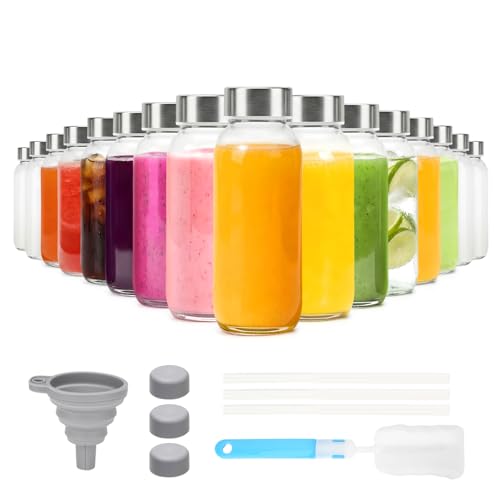 Image of Luxfuel Glass Juice Bottles with Lid 12 oz, 16 Pack Reusable Glass Water Bottles with Stainless Steel Cap & Straws, BPA Free, Leak Proof Juice Bottle Containers for Juicing, Smoothies & Fridge Storage