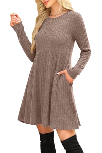 Image of OFEEFAN Long Sleeve Dress for Women Crew Neck Empire Waist Tunic Dress with Pockets