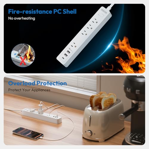 NTONPOWER Cordon de extensión largo de 25 pies, cordón plano para debajo de la alfombra, regleta con cable largo, regleta montable en pared con 4 tomas y 2 USB A + USB C, protección contra sobrecarga para interior, hogar, dormitorio y oficina miniatura 6