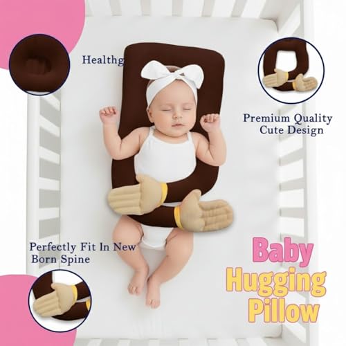 Image of U-Shaped Sleeping Pillow with Arms, Pink Plush Body Support Cushion, 38cm Ergonomic Design, Soft Fabric (Brown)