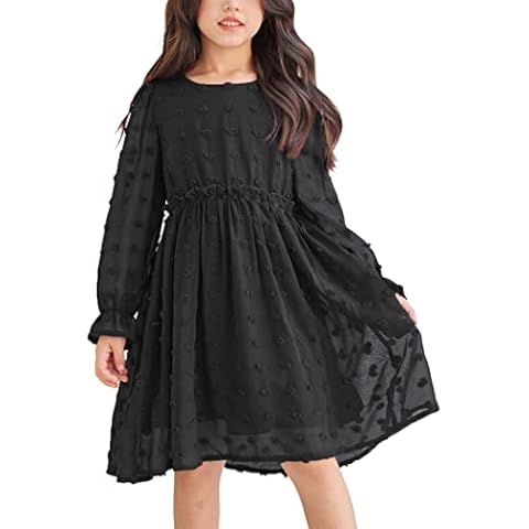 Flypigs Dresses for Girls Elegant Cute Princess Dress A Line Chiffon Long Sleeve Party Wedding Festival Casual Dress for Little Kids Black 11-12 Years Cover