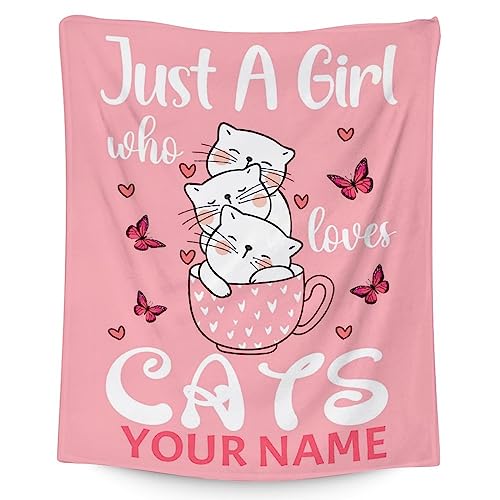 Personalized Cat Blanket Gifts with Name - 40"x50" Cute Throw for Girls - Pink Soft Fuzzy Blankets for Bed, Couch & Living Room