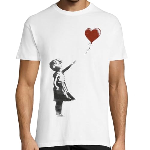KMF T-SHIRT | Camiseta Hombre, algodón 150g | Manga Corta, Cuello Redondo, Outfit Moderno, Suave y Resistente, para Uso Diario | Diseño Estilo Banksy, Niña con Globo (Blanco, L)