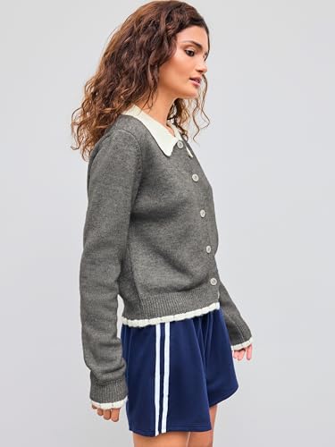 CIDER Cardigans for Women Trendy Knit Collar Button Up Contrasting Binding Regular Fit Crew Neck Cardigan2