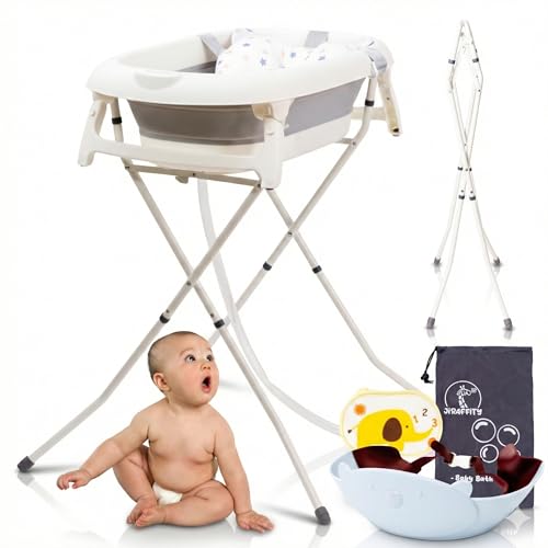 JIRAFFITY | Bañera bebe con patas– incluye cojín ajustable, tapón termosensible, tubo de desagüe, 0-3 años – bañera plegable bebé con patas con estructura estable y bolsa de baño