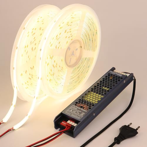 BENLUN 24V COB LED Strip Light Buiten Waterdicht 20M (10M X 2), 4000K Natuurlijk Wit Ultrahelder 160W CRI93 IP65 Lichtstrip, met Voeding en Stekker, voor Slaapkamer Keuken Woonkamer Plafond
