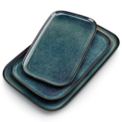 vancasso Serving Platters Set de 3, Plato Rectangular de Gres, 15/13/11 Pulgadas Platos Rectangulares para La Cena, Fiesta, Ensalada, Postres, Verde
