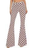 Bell Bottom Jeans for Women High Waisted Stretch Plaid Flare Jeans Denim Bootcut Pants(Rust Red Plaid,8)