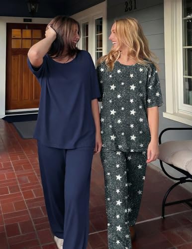 Image of Ekouaer 2 Pack Womens Pajamas Sets Short Sleeve Long Pants Pjs Lounge Set