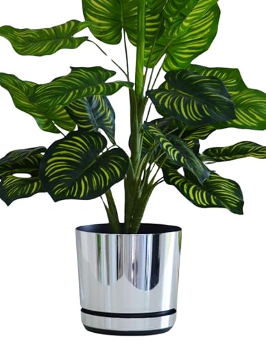 KERD Blumentopf 26 cm, Spiegeleffekt (016), dekorativ, hochwertig, aus recyceltem Material, mit Drainagesystem, mit Untersetzer, handbeklebt, Spiegeleffekt, silberner Hochglanz, Minimalismus, Glamour