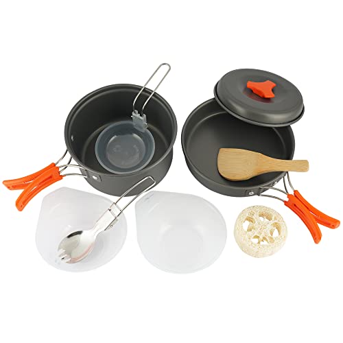 Camping kichen Accessories for Outdoor Mess Kit,Cooking Equipment 10 Piece Cookset | Lightweight, Compact, Durable Pot Pan Bowls with Free Folding Spork and Nylon Bag (for 1-2 Person) Black