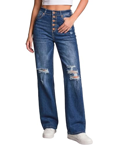 LookbookStore Bell Bottom Jeans for Women - High Waisted, Dark Blue, Size Medium/Medium Bottoms, Fits Size 8 & 10 - Vintage 60s Outfit