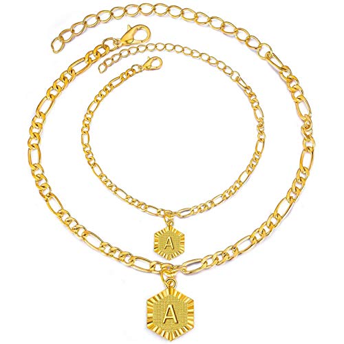 BELLA-Bee Initial Letter Pendant Necklace Tiny Hexagon Monogram Foot Anklet Chain Bracelet 18 K Gold Plated Stainless Steel Necklace for Women Girls Jewelry (Gold-A)