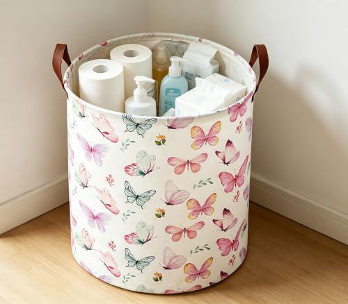 Image of 19.7 inch Laundry Basket,Waterproof Toys Storage Bin,Collapsible Clothes Hamper(Pink Butterfly)