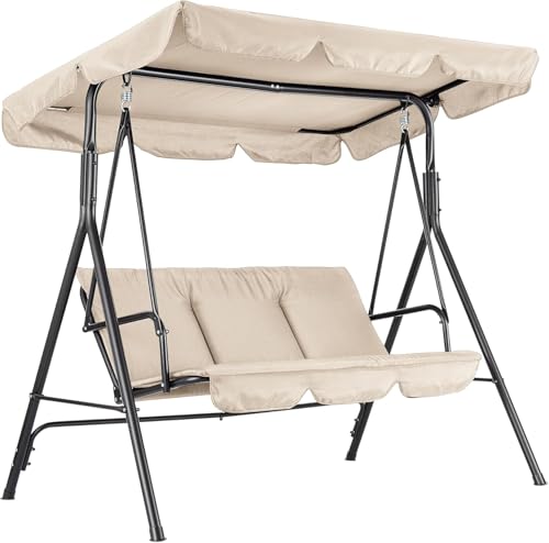 Balancelle De Patio 3 Places, Hamac Suspendu De Porche Extérieur Avec Auvent Réglable Et Accoudoirs, Assise Et Dossier En Textilène Respirant, Banc Balancé Pour...