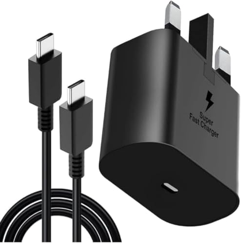 45W Fast Charger compatible with Galaxy S25 S24 S23 S22 S21 Ultra USB-C Charger Head with 1M Type-C Cable UK Plug Black