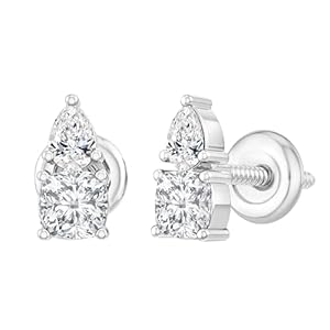 14K Gold 2 Stone Stud Earrings for Her with 0.50 ctw, Cushion (0.35 ct) & Pear (0.15 ct) Lab-Grown White Diamond