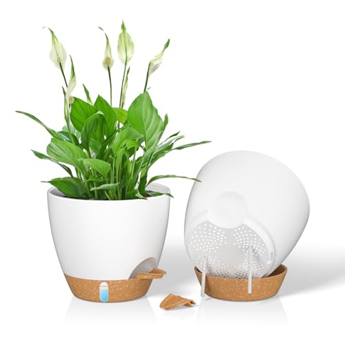 ZMTECH Vaso per Piante da 20 cm con Presa D'acqua Fioriere Autoinnaffianti con Fori Di Drenaggio e Sottovaso in Plastica per Piante da Interno e Da Esterno (Bianco, Confezione da 2)