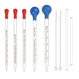 Luckkyme 5PCS Glass Pipettes Set, 1ml, 2ml, 3ml, 5ml, 10ml, 2 Rubber Bulbs, 2 Glass Stir Sticks