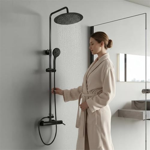 KOMIRO Colonne de Douche Noir, Colonne de Douche avec Mitigeur, Ensemble de Douche avec Hauteur Réglable, Pomme Douche de Tête 250 mm Rond et Douchette 3...