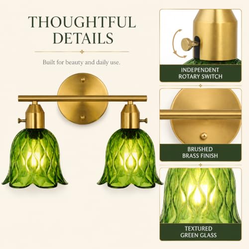 Image of 2-Light Hardwired Wall Sconces Set of Two, 14.17 inch Gold Bathroom Sconces with Clear Green Glass, Vintage Sconces Wall Decor Set of 2 Wall Light fixtures for Bathroom Mirror Living Room Hallway Bedroom