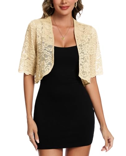 Image of MINTLIMIT Womens Floral Lace Bolero Half Sleeve Shrug Open Front Elegant Cropped Cardigan Shrugs for Evening Party Dresses
